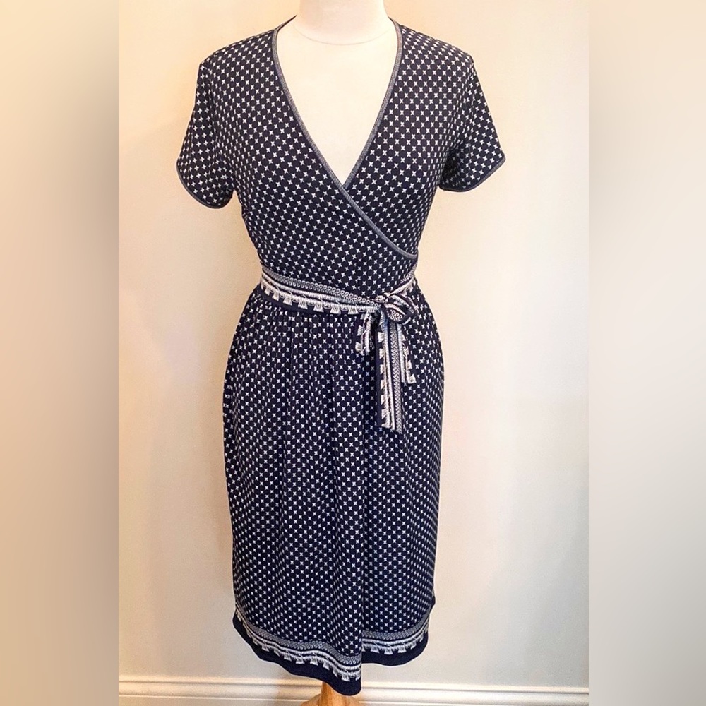 Max Studio Edit Blue White Geometric Print S Preppy Classic Garden Party Dress